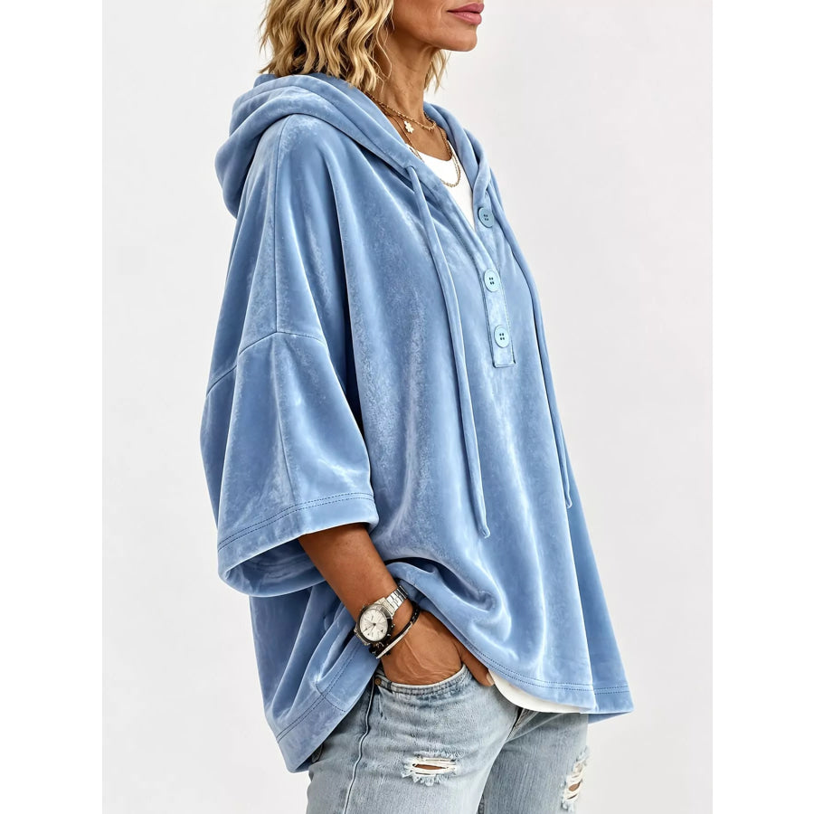 Full Size Velvet Button Detail Hoodie Plus Apparel and Accessories