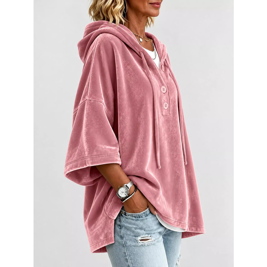 Full Size Velvet Button Detail Hoodie Plus Apparel and Accessories