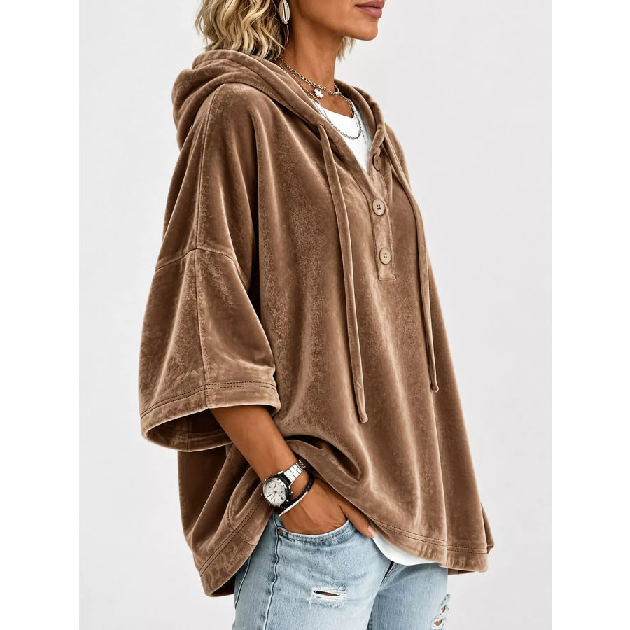 Full Size Velvet Button Detail Hoodie Plus Apparel and Accessories