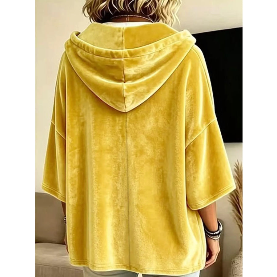Full Size Velvet Button Detail Hoodie Plus Apparel and Accessories