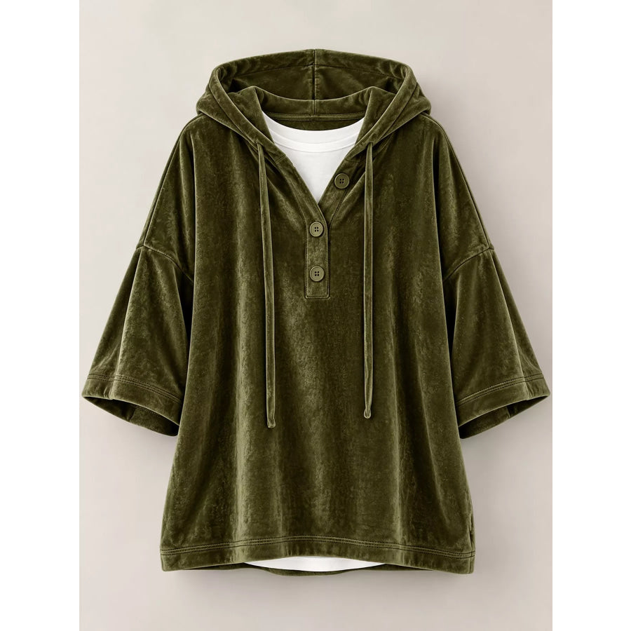 Full Size Velvet Button Detail Hoodie Plus Apparel and Accessories
