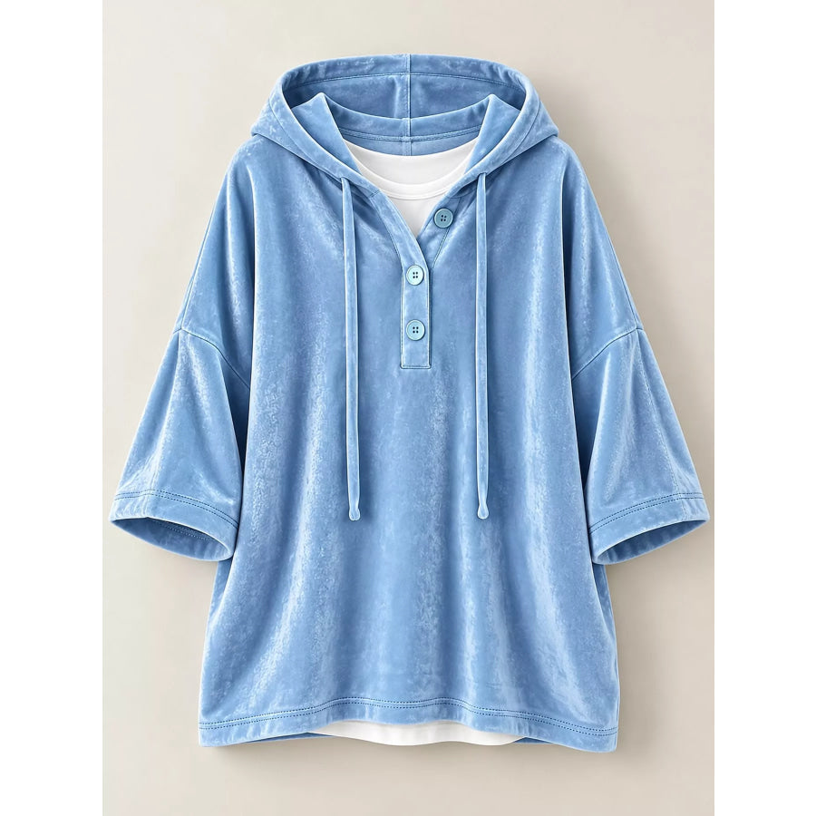 Full Size Velvet Button Detail Hoodie Plus Apparel and Accessories