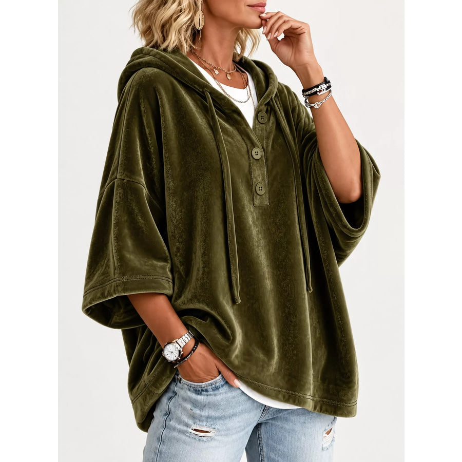 Full Size Velvet Button Detail Hoodie Plus Apparel and Accessories