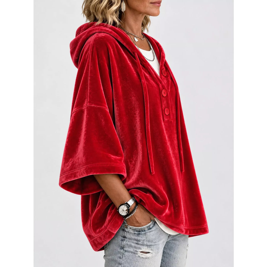 Full Size Velvet Button Detail Hoodie Plus Apparel and Accessories