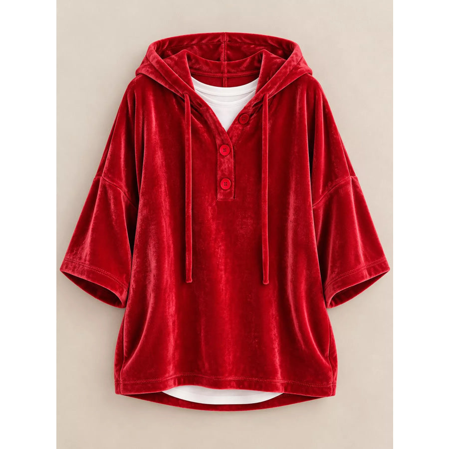 Full Size Velvet Button Detail Hoodie Plus Apparel and Accessories