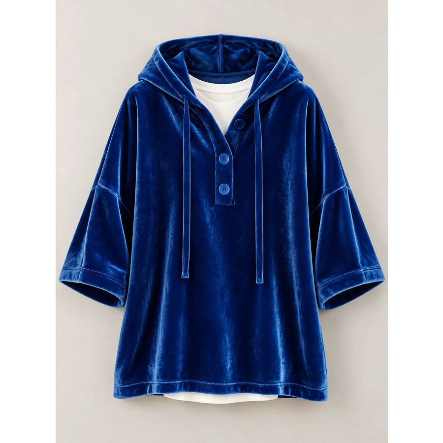 Full Size Velvet Button Detail Hoodie Plus Apparel and Accessories