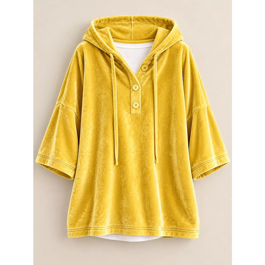 Full Size Velvet Button Detail Hoodie Plus Apparel and Accessories