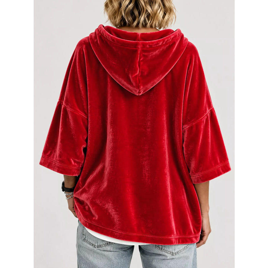 Full Size Velvet Button Detail Hoodie Plus Apparel and Accessories