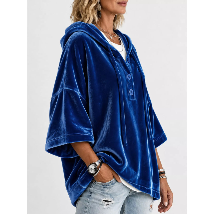 Full Size Velvet Button Detail Hoodie Plus Apparel and Accessories