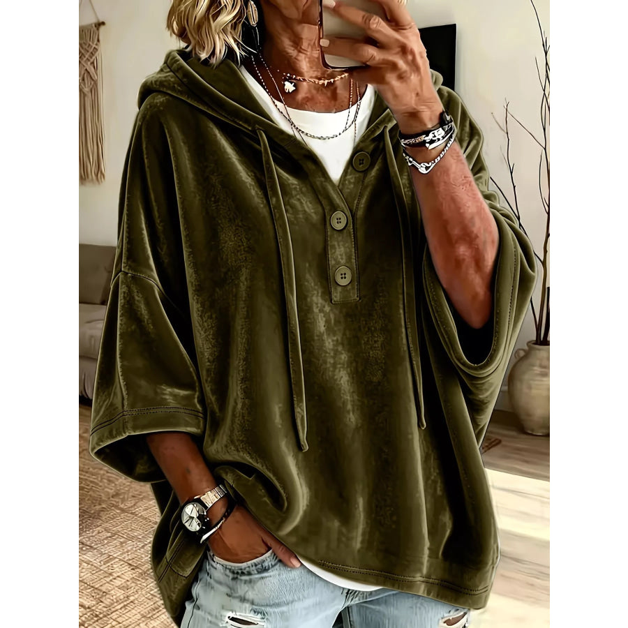 Full Size Velvet Button Detail Hoodie Plus Army Green / S Apparel and Accessories