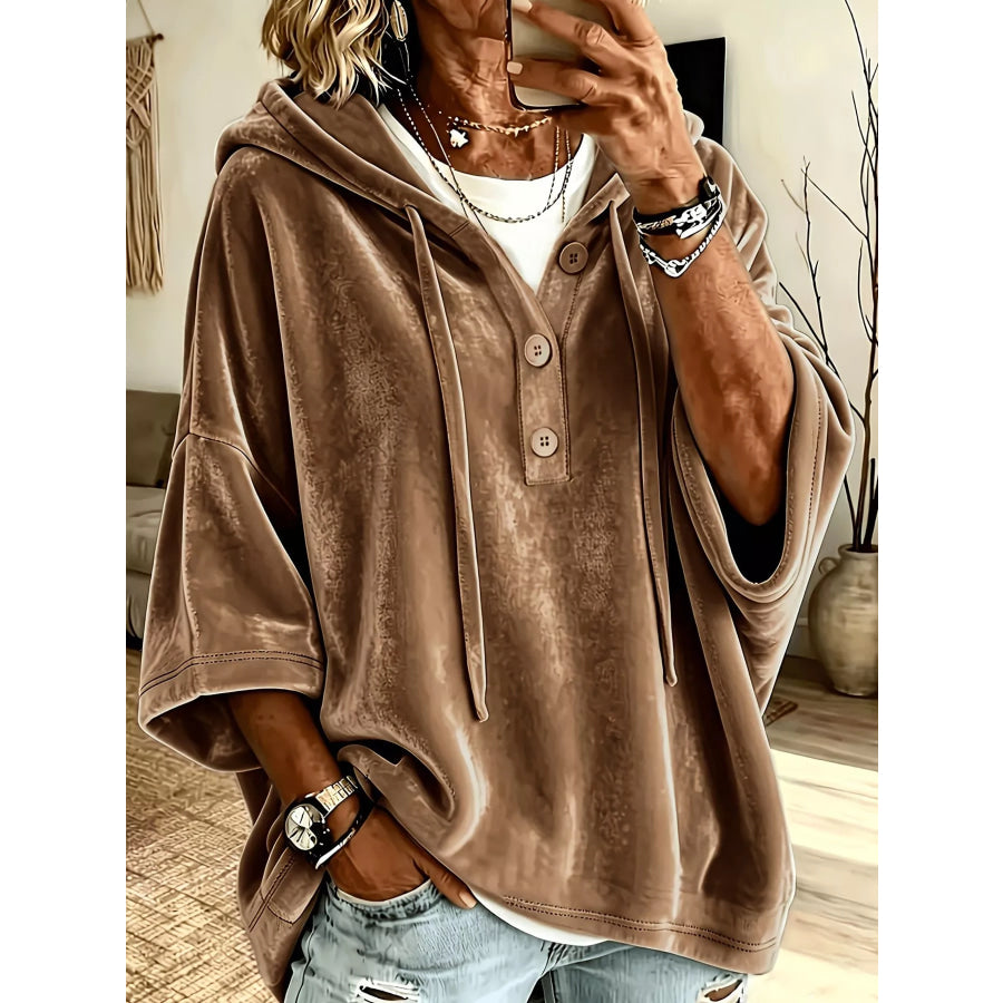 Full Size Velvet Button Detail Hoodie Plus Brown / S Apparel and Accessories