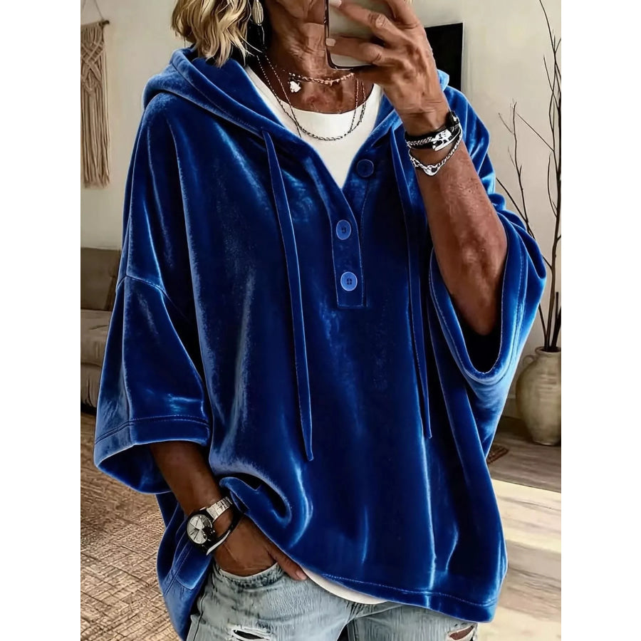 Full Size Velvet Button Detail Hoodie Plus Dark Blue / S Apparel and Accessories