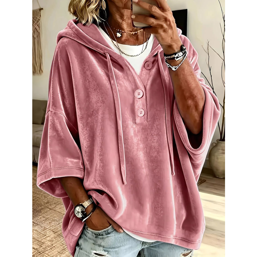 Full Size Velvet Button Detail Hoodie Plus Pink / S Apparel and Accessories