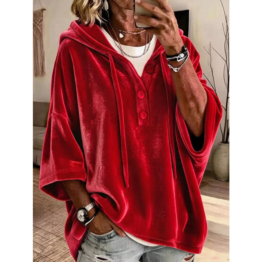 Full Size Velvet Button Detail Hoodie Plus Red / S Apparel and Accessories