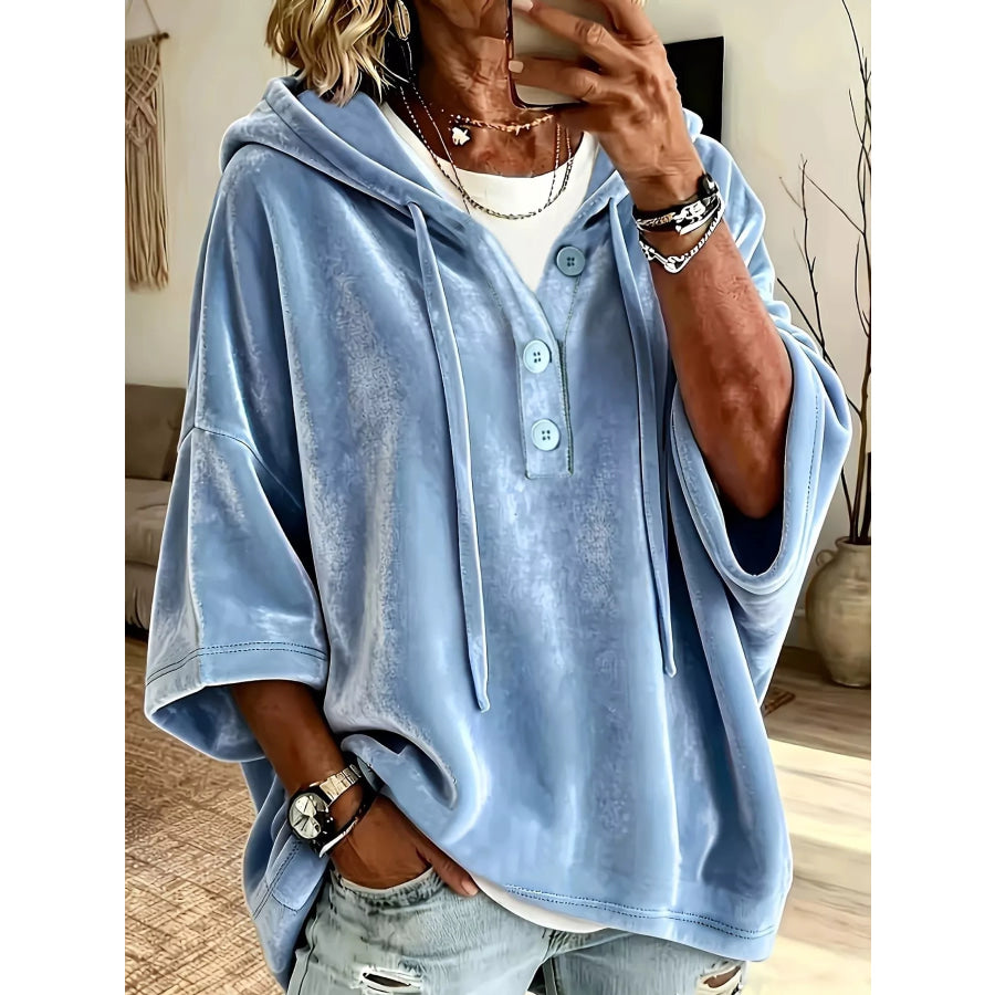 Full Size Velvet Button Detail Hoodie Plus Sky Blue / S Apparel and Accessories