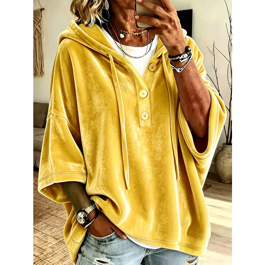 Full Size Velvet Button Detail Hoodie Plus Yellow / S Apparel and Accessories
