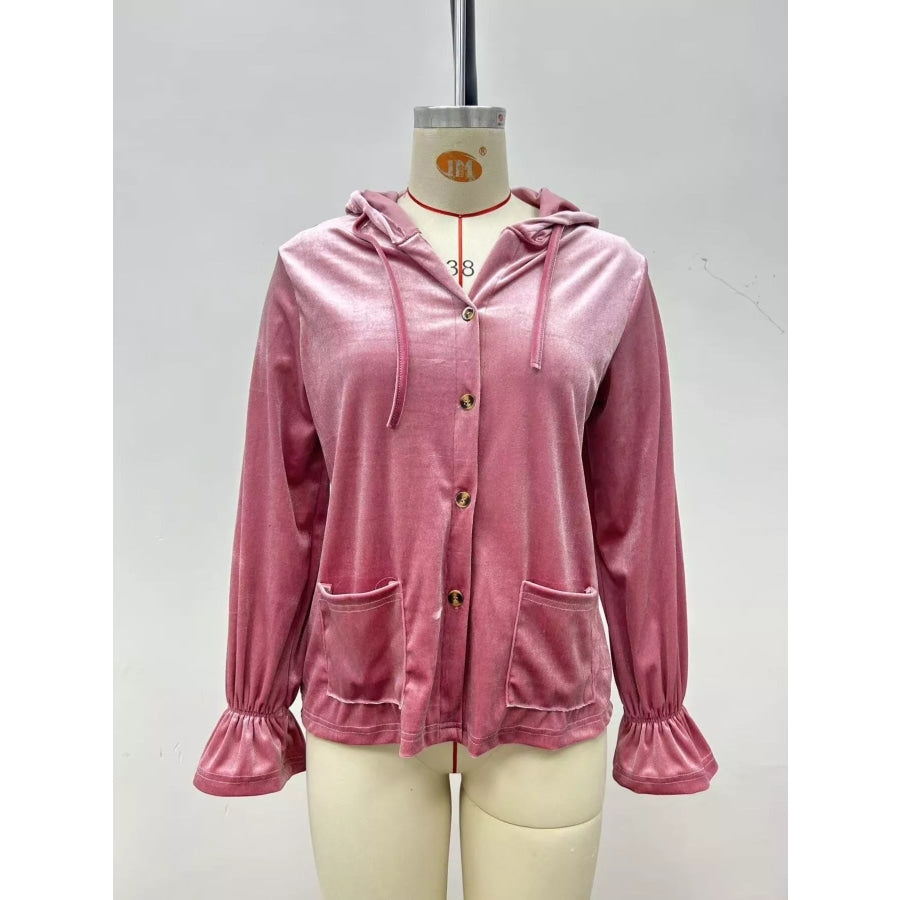 Full Size Velvet Button-Down Hooded Outerwear Plus Dusty Pink / S Apparel and Accessories