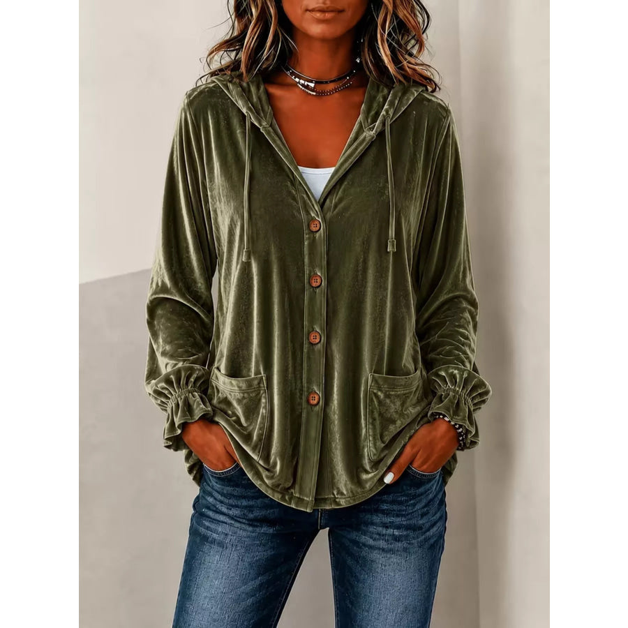 Full Size Velvet Button-Down Hooded Outerwear Plus Army Green / S Apparel and Accessories