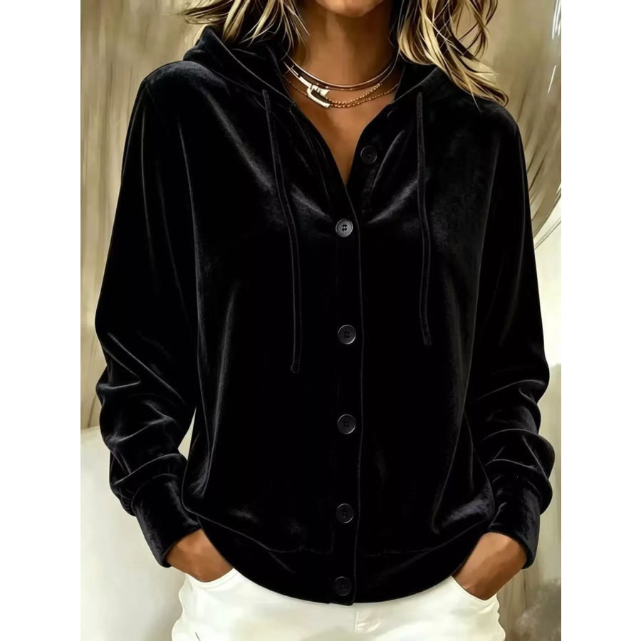 Full Size Velvet Button-Down Hooded Outerwear Plus Size Black / S Apparel and Accessories