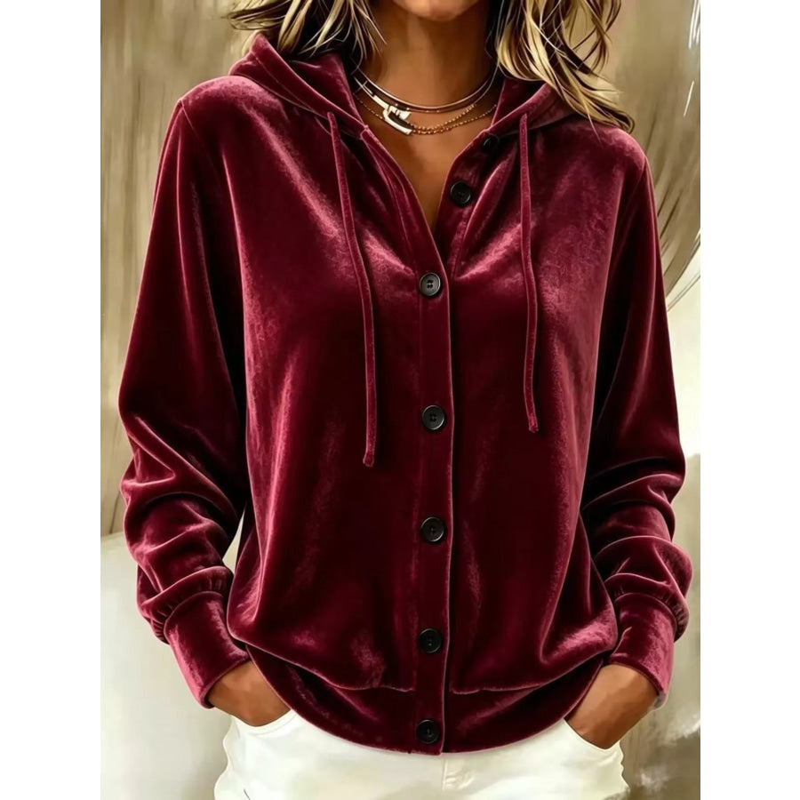 Full Size Velvet Button-Down Hooded Outerwear Plus Size Burgundy / S Apparel and Accessories