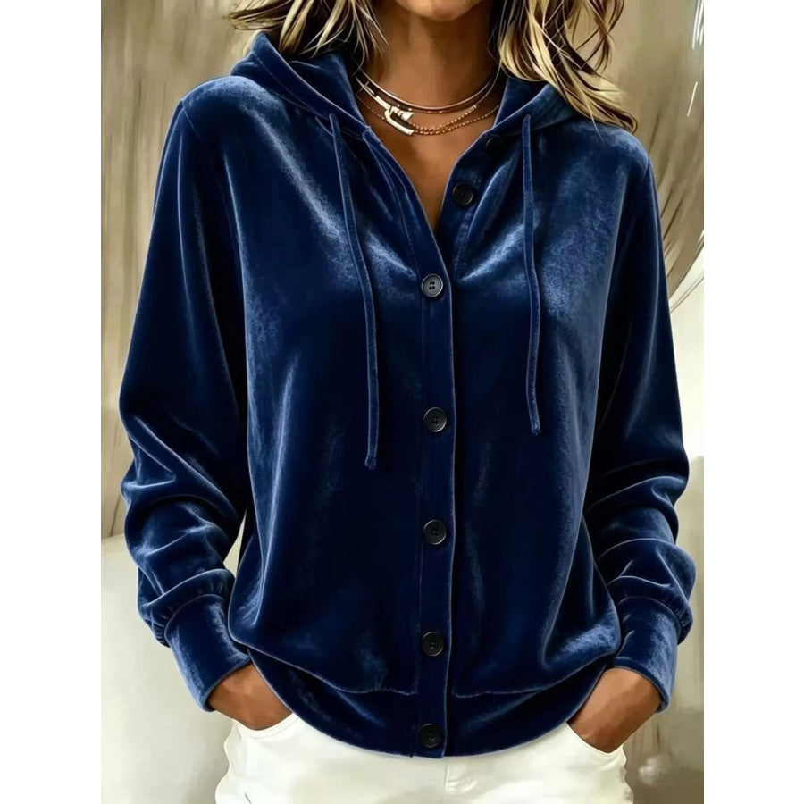 Full Size Velvet Button-Down Hooded Outerwear Plus Size Dark Blue / S Apparel and Accessories