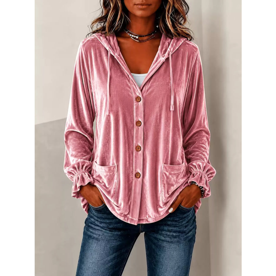 Full Size Velvet Button-Down Hooded Outerwear Plus Dusty Pink / S Apparel and Accessories