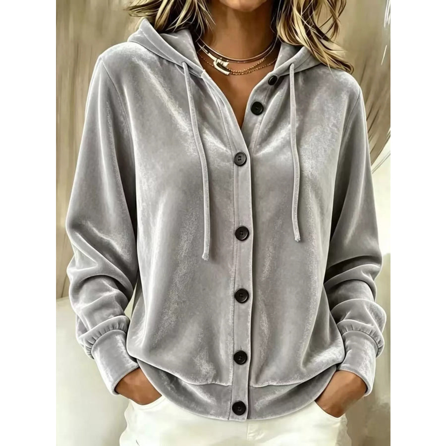 Full Size Velvet Button-Down Hooded Outerwear Plus Size Gray / S Apparel and Accessories