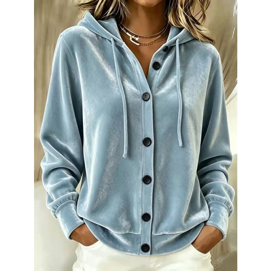 Full Size Velvet Button-Down Hooded Outerwear Plus Size Light Blue / S Apparel and Accessories