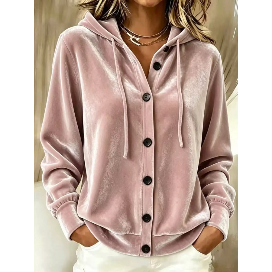 Full Size Velvet Button-Down Hooded Outerwear Plus Size Pink / S Apparel and Accessories