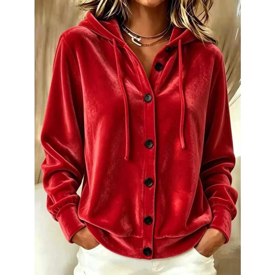 Full Size Velvet Button-Down Hooded Outerwear Plus Size Red / S Apparel and Accessories
