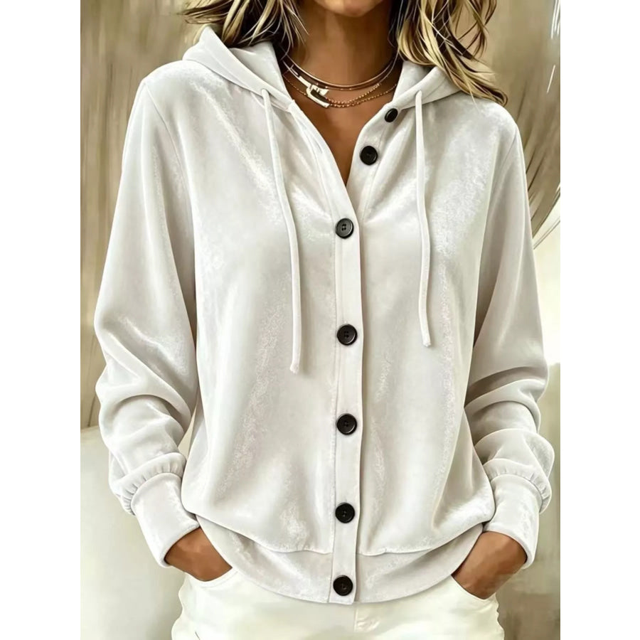 Full Size Velvet Button-Down Hooded Outerwear Plus Size White / S Apparel and Accessories