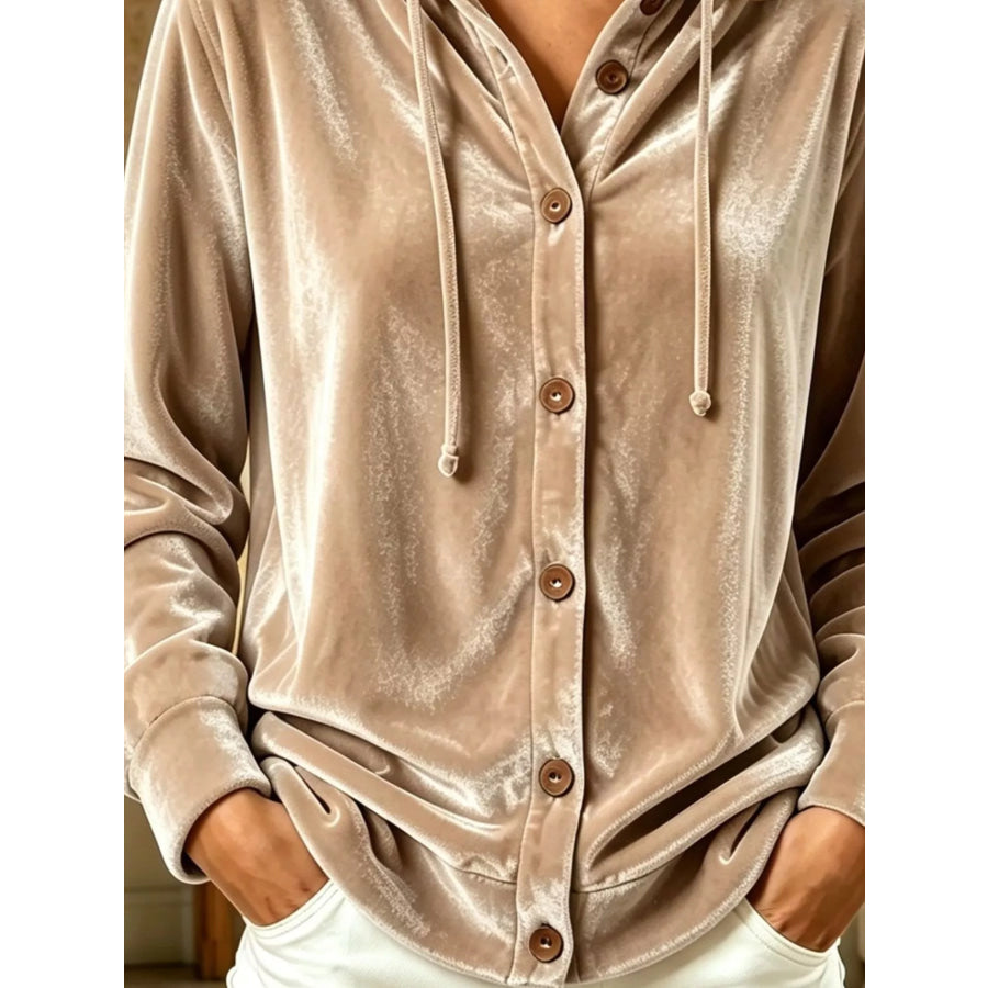 Full Size Velvet Button-Down Hooded Top Plus Apparel and Accessories