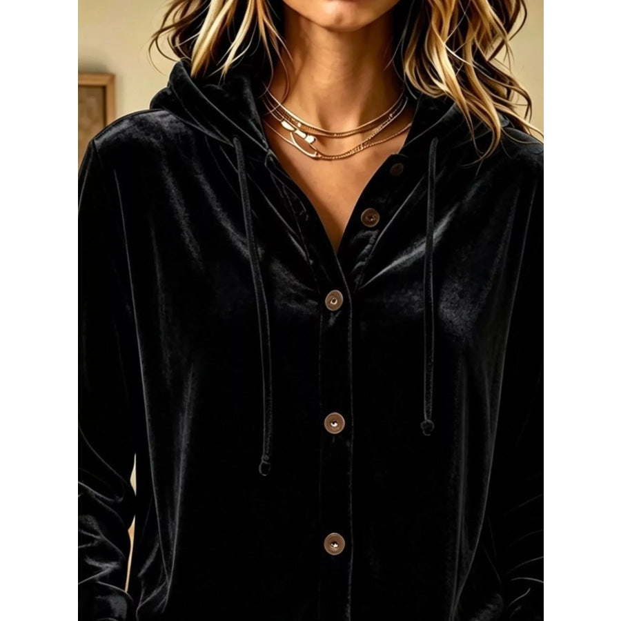Full Size Velvet Button-Down Hooded Top Plus Apparel and Accessories