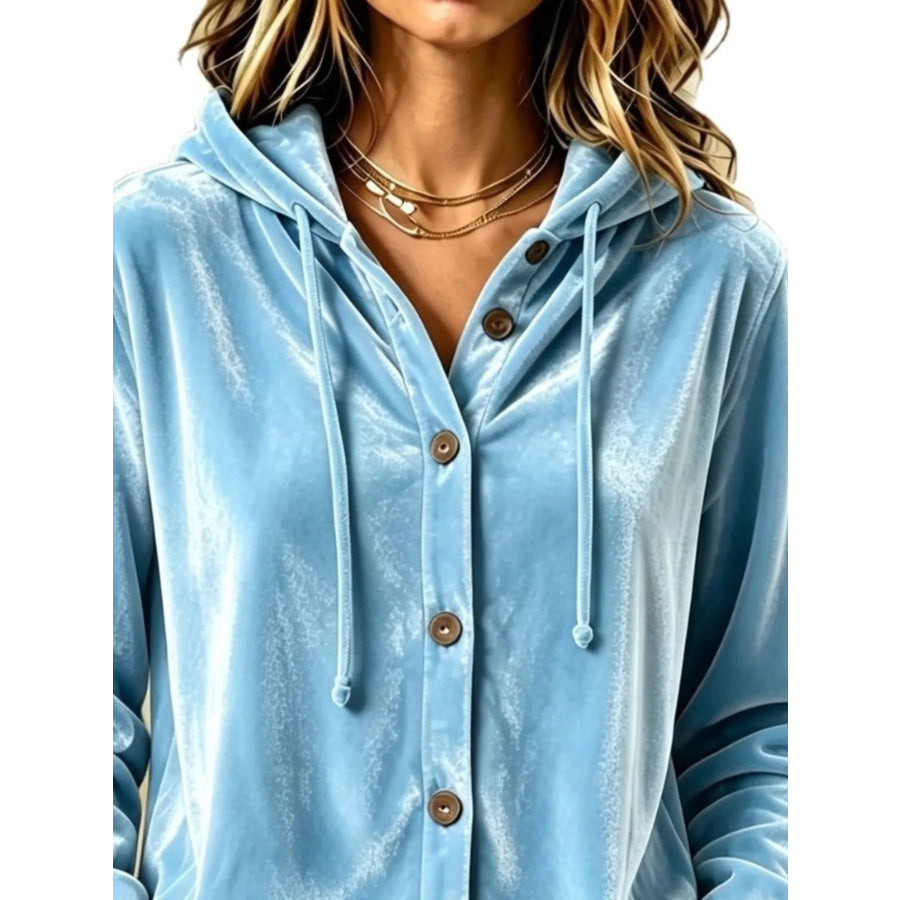 Full Size Velvet Button-Down Hooded Top Plus Apparel and Accessories