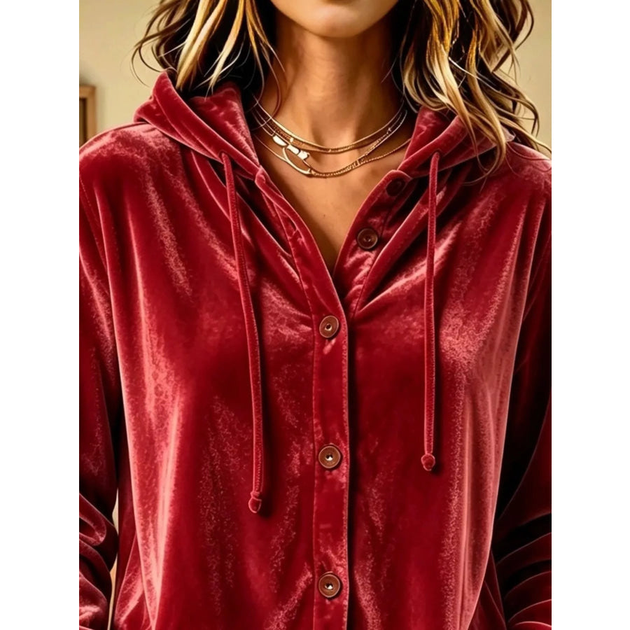 Full Size Velvet Button-Down Hooded Top Plus Apparel and Accessories