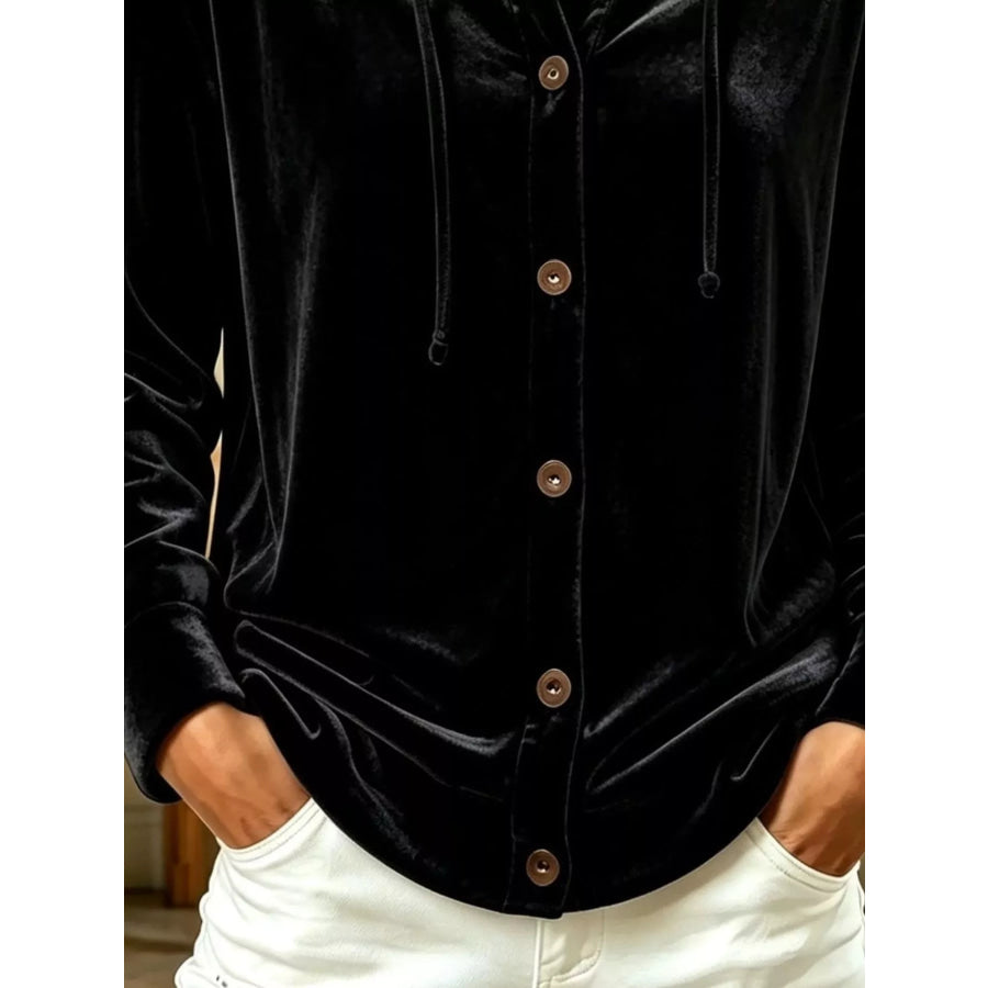 Full Size Velvet Button-Down Hooded Top Plus Apparel and Accessories