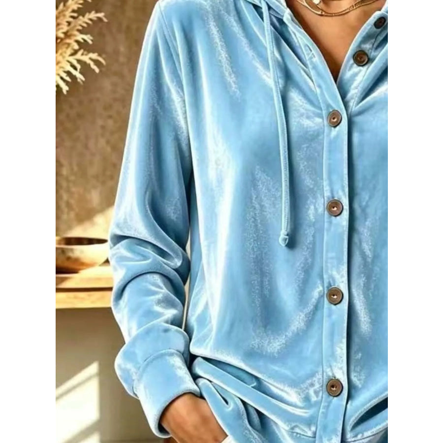 Full Size Velvet Button-Down Hooded Top Plus Apparel and Accessories