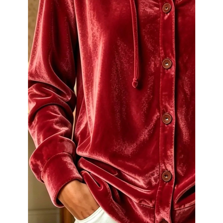 Full Size Velvet Button-Down Hooded Top Plus Apparel and Accessories