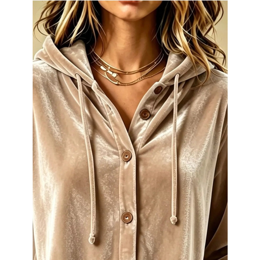 Full Size Velvet Button-Down Hooded Top Plus Apparel and Accessories
