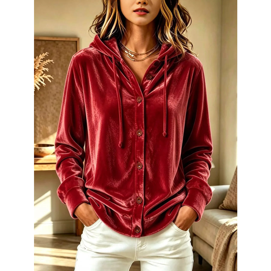 Full Size Velvet Button-Down Hooded Top Plus Burgundy / S Apparel and Accessories