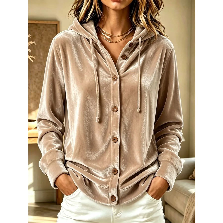 Full Size Velvet Button-Down Hooded Top Plus Camel / S Apparel and Accessories