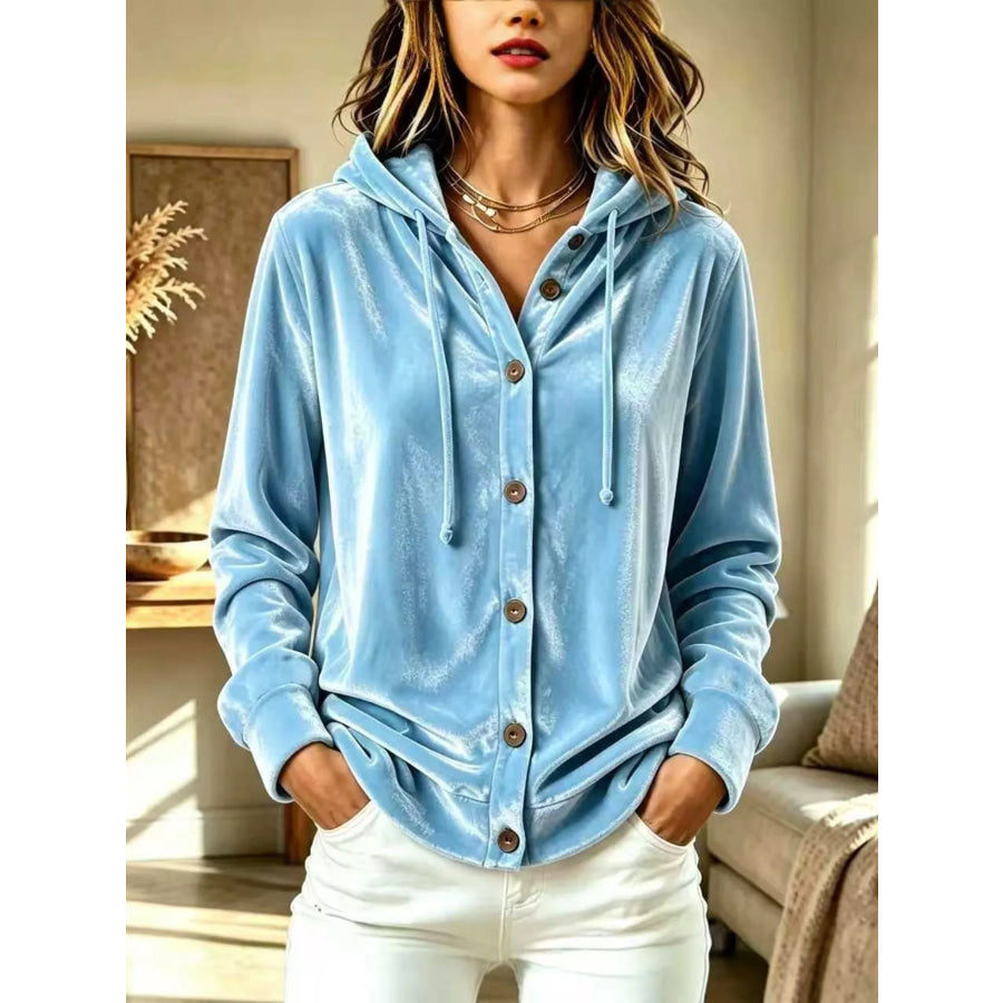 Full Size Velvet Button-Down Hooded Top Plus Cerulean / S Apparel and Accessories