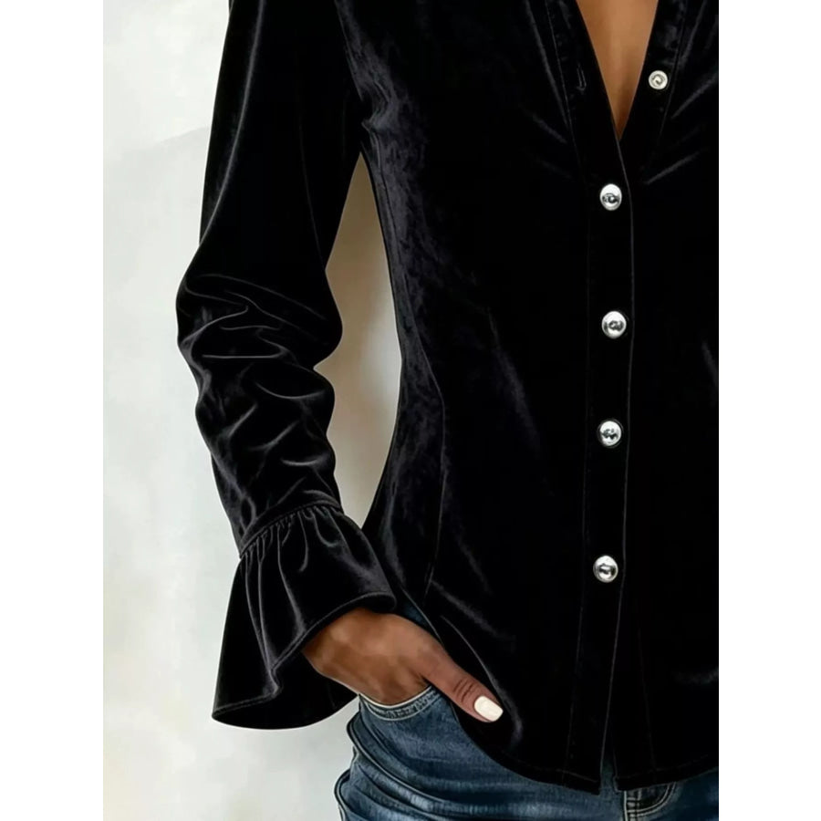 Full Size Velvet Button Up Flare Sleeve Shirt Plus Size Apparel and Accessories