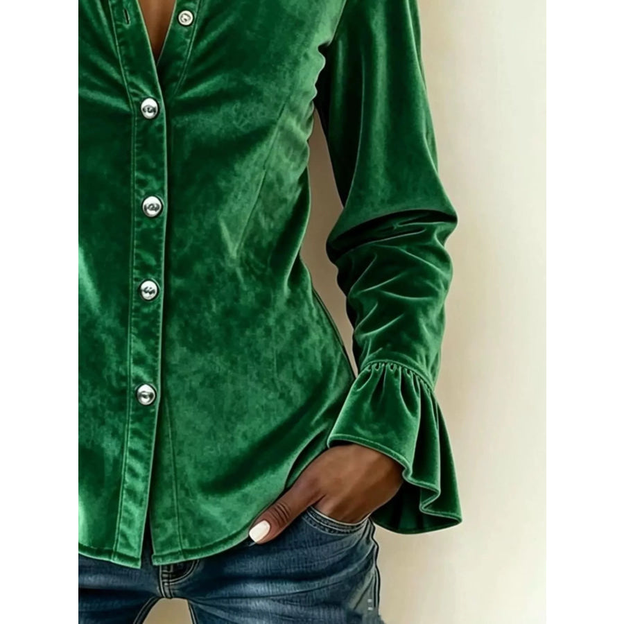 Full Size Velvet Button Up Flare Sleeve Shirt Plus Size Apparel and Accessories