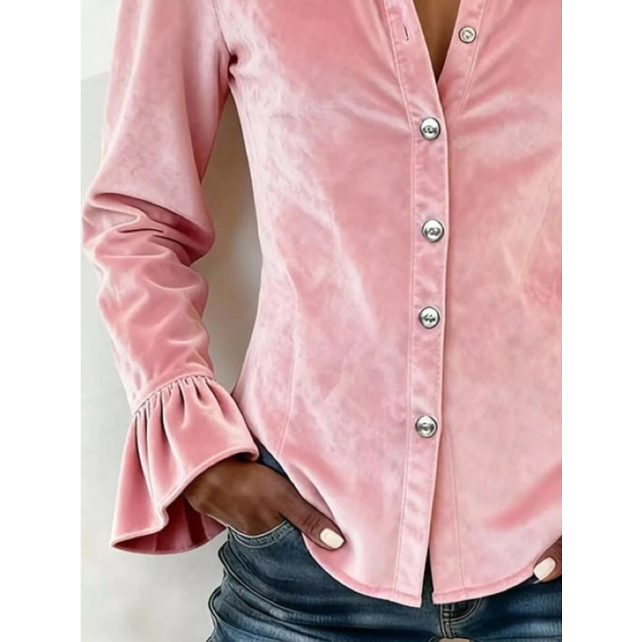 Full Size Velvet Button Up Flare Sleeve Shirt Plus Size Apparel and Accessories