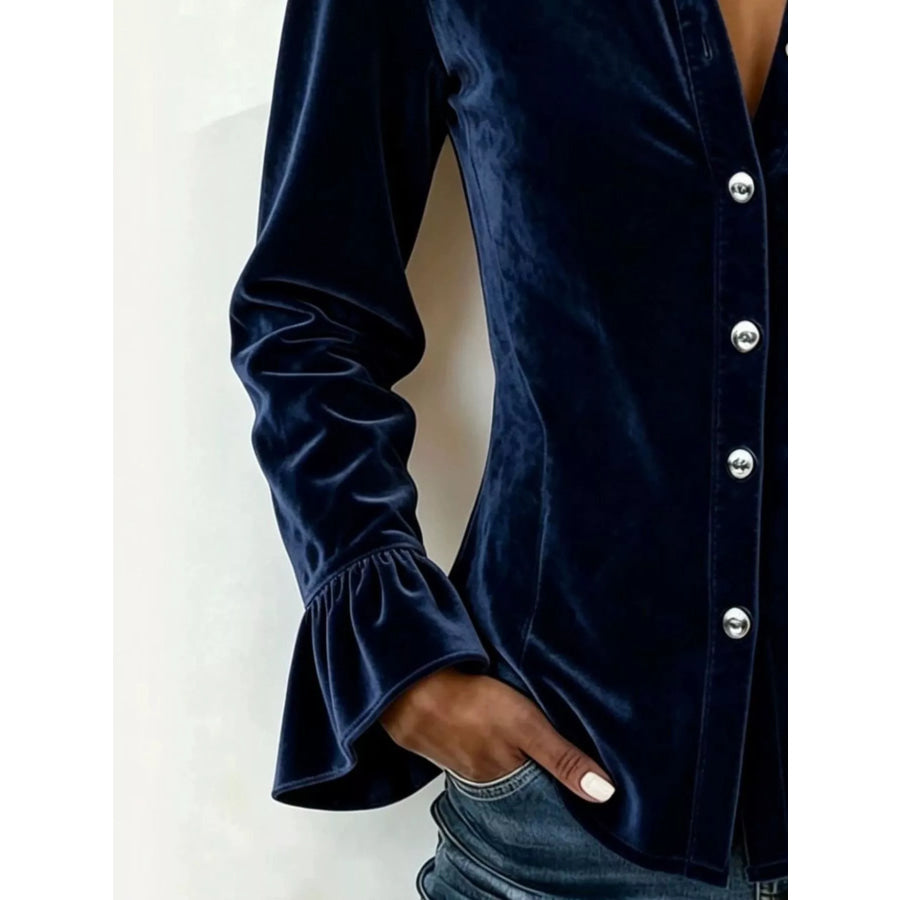 Full Size Velvet Button Up Flare Sleeve Shirt Plus Size Apparel and Accessories