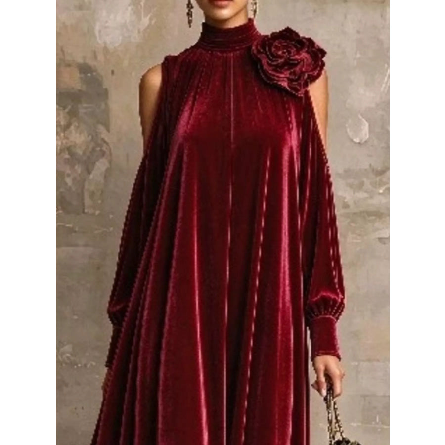 Full Size Velvet Cold-Shoulder Maxi Dress with Floral Applique Plus Apparel and Accessories