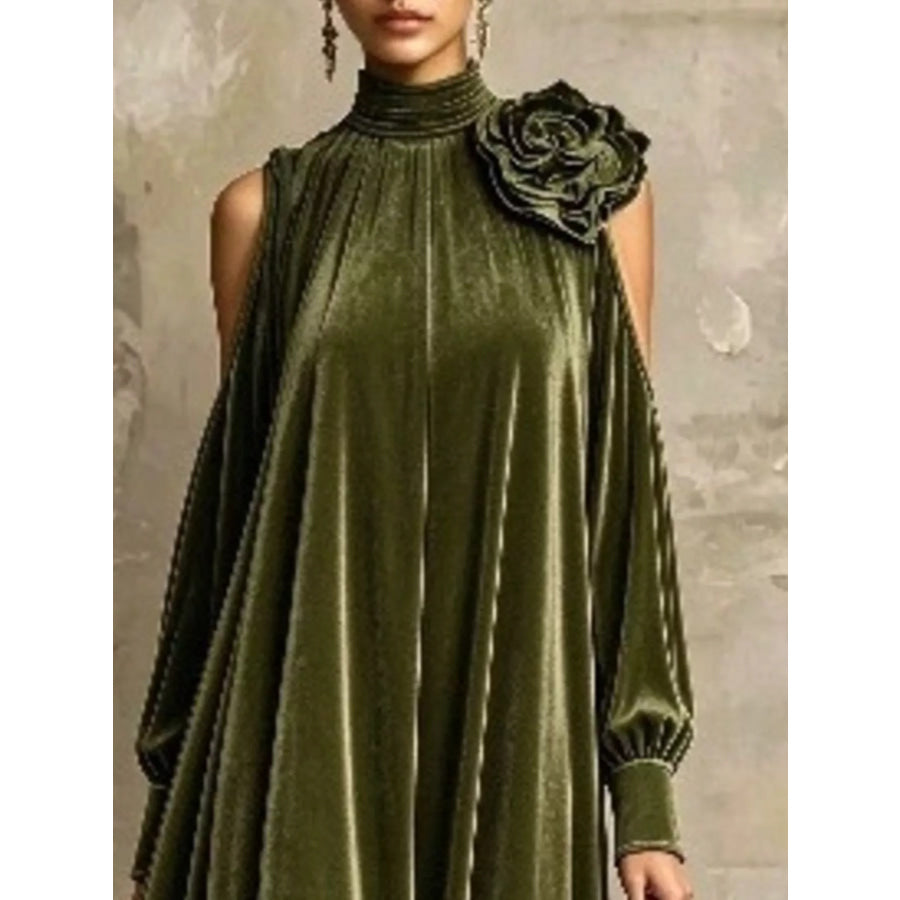 Full Size Velvet Cold-Shoulder Maxi Dress with Floral Applique Plus Apparel and Accessories