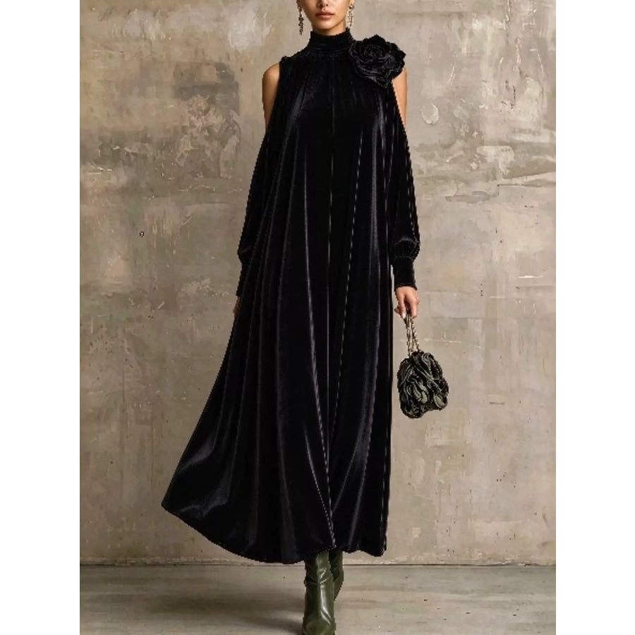 Full Size Velvet Cold-Shoulder Maxi Dress with Floral Applique Plus Black / S Apparel and Accessories