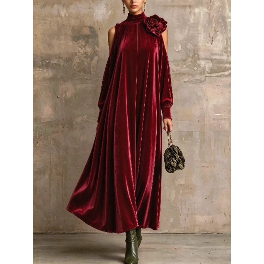 Full Size Velvet Cold-Shoulder Maxi Dress with Floral Applique Plus Burgundy / S Apparel and Accessories